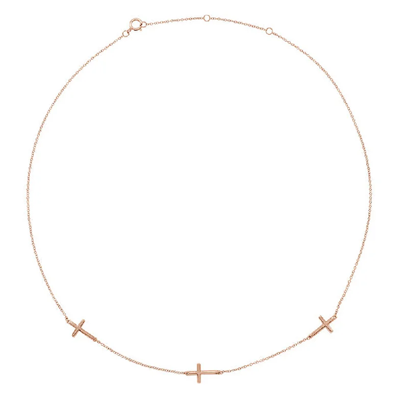 Beautiful Gold Necklace for Special Events-14k Yellow, White or Rose Gold 3 Station Sideways Cross Necklace