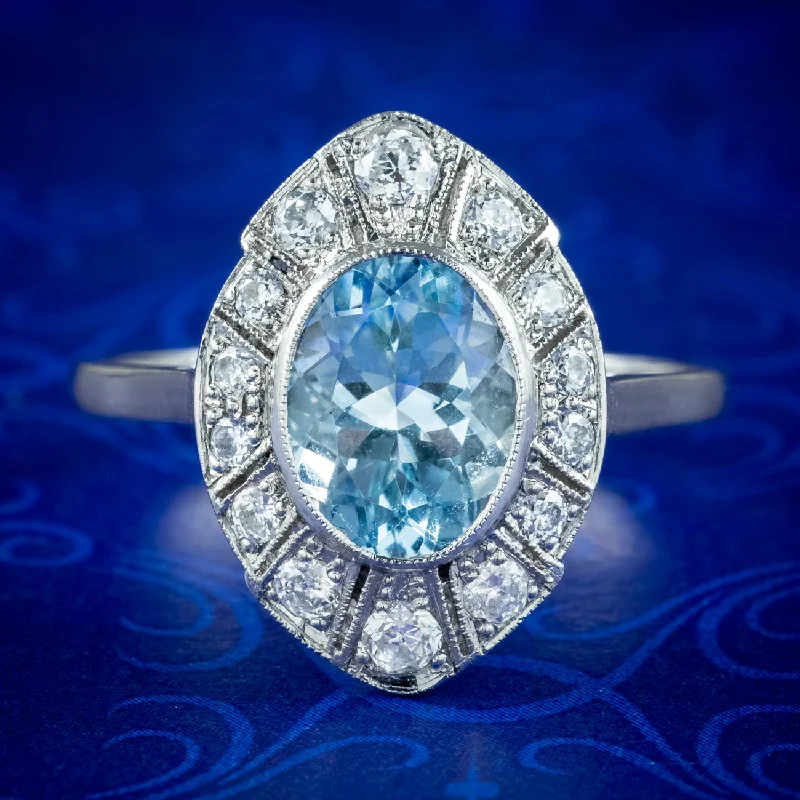 Vintage Sapphire Ring for Special Occasions-Art Deco Style Aquamarine Diamond Cluster Ring 1.5ct Aqua