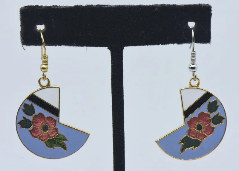 Colorful Gem Earrings-Vintage Gold Tone and Enamel Floral Dangle Earrings