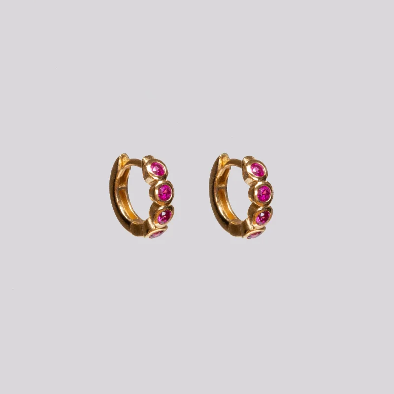 Gold Earrings for Evening Events-Gold Huggie Earrings with Ruby Pink Stone