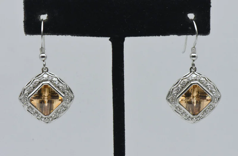 Personalized Earrings for Gifts-Vintage Sterling Silver Yellow and Colorless Cubic Zirconia Dangle Earrings