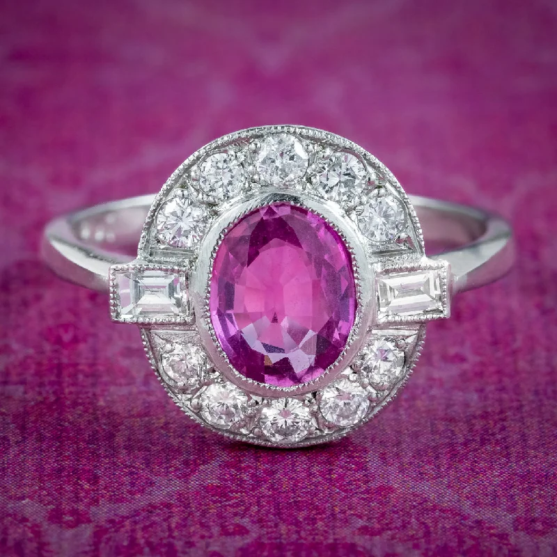 Designer Wedding Band for Women-Art Deco Style Pink Sapphire Diamond Cluster Ring 1ct Sapphire