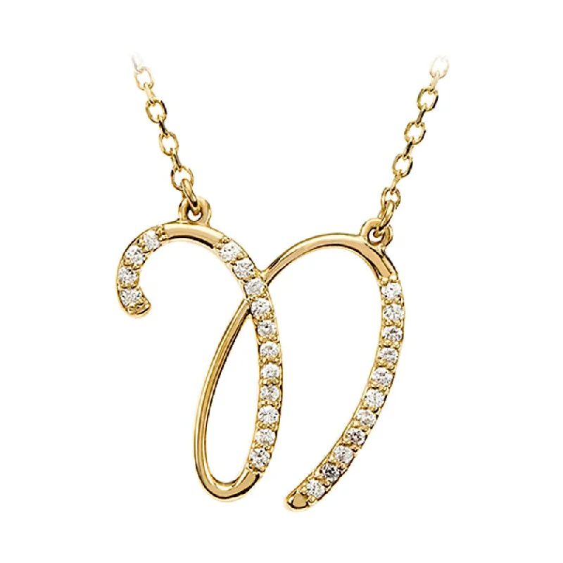 Dainty Necklace for Everyday Looks-1/8 Ctw Diamond 14k Yellow Gold Medium Script Initial N Necklace, 17in