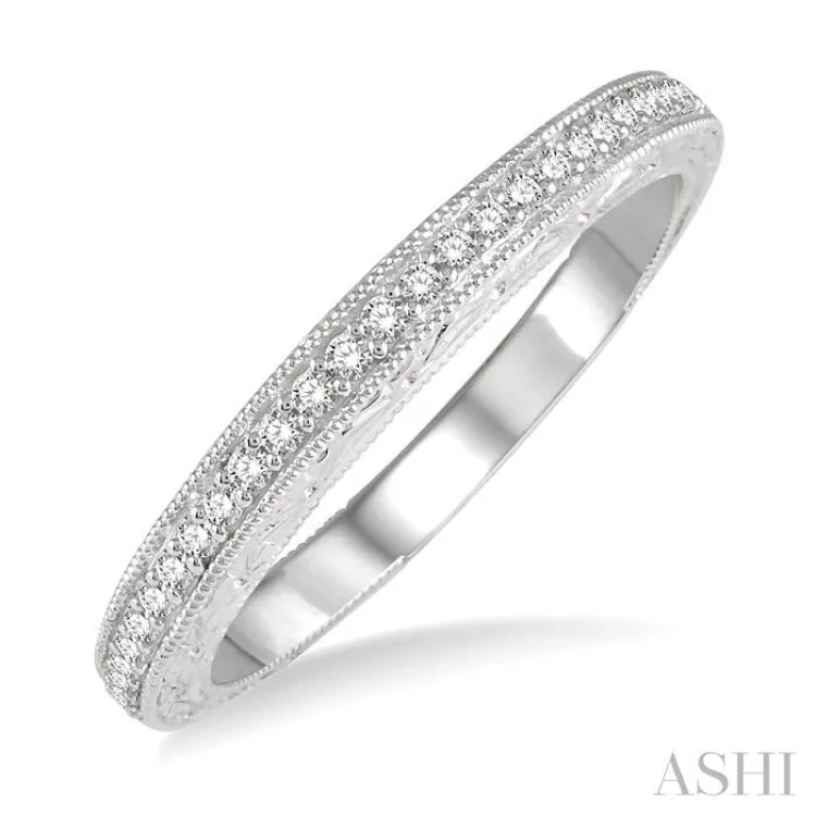 Personalized Titanium Ring for Special Day-1/6 ctw Engraved Round Cut Diamond Wedding Band in 14K White Gold