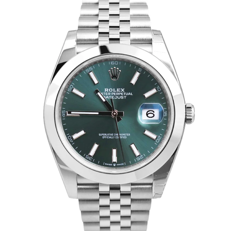 Smart Watches with Heart Rate Monitor-NEW STICKERED OCT 2023 Rolex DateJust 41 MINT GREEN JUBILEE Watch 126300 B+P