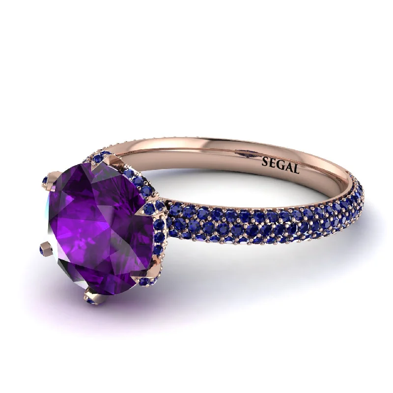 Luxury Ring with Gold and Diamonds-Hidden Halo Round Amethyst Engagement Ring - Ashley No. 314