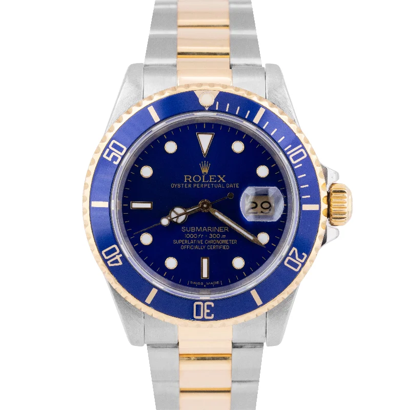 Waterproof Watches for Swimming-Rolex Submariner Date 40mm Blue Two-Tone 18K Yellow Gold Steel Watch 16613 LB