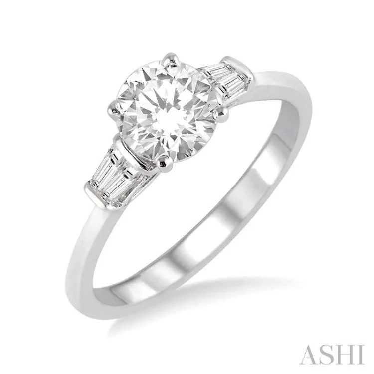 Personalized Name Ring-1/2 ctw Baguette and Round Cut Diamond Ladies Engagement Ring with 1/3 Ct Round Cut Center Stone in 14K White Gold