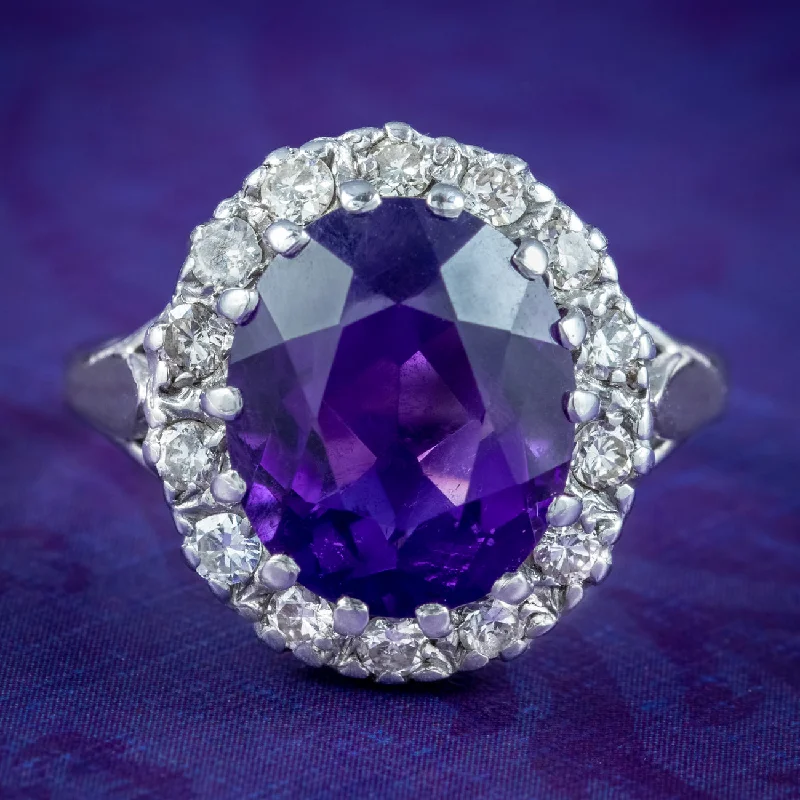 Classic Men’s Wedding Ring with Engraving-Vintage Amethyst Diamond Cluster Ring 4.5ct Amethyst