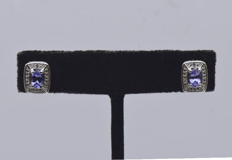 Vintage Style Earrings-Vintage Tanzanite and Diamond Sterling Silver Stud Earrings - NOS