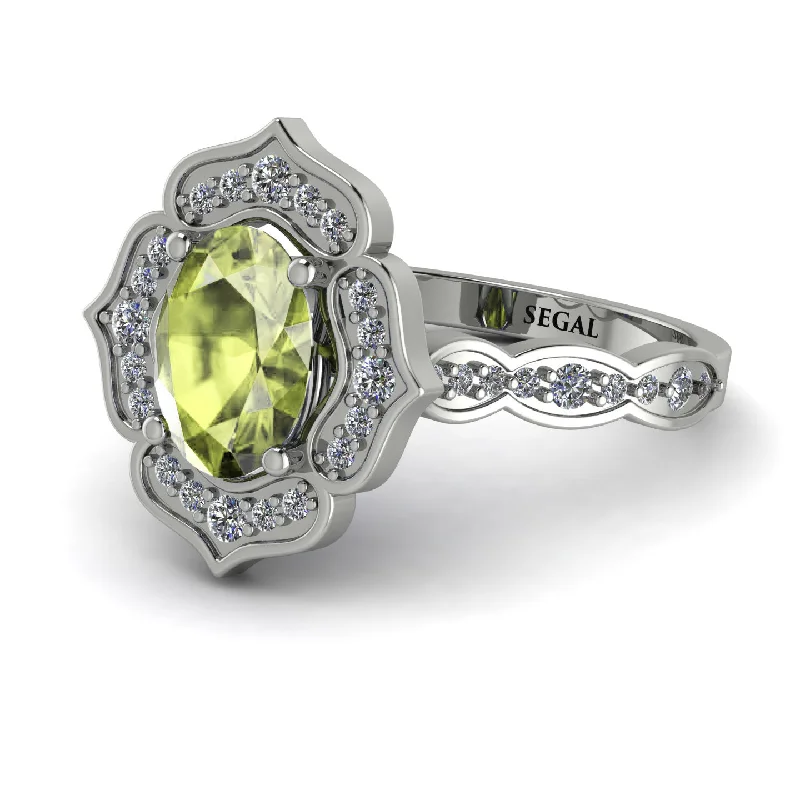 Luxury Sapphire Ring for Anniversary-Decorated Halo Oval Peridot Engagement Ring - Faith No. 703