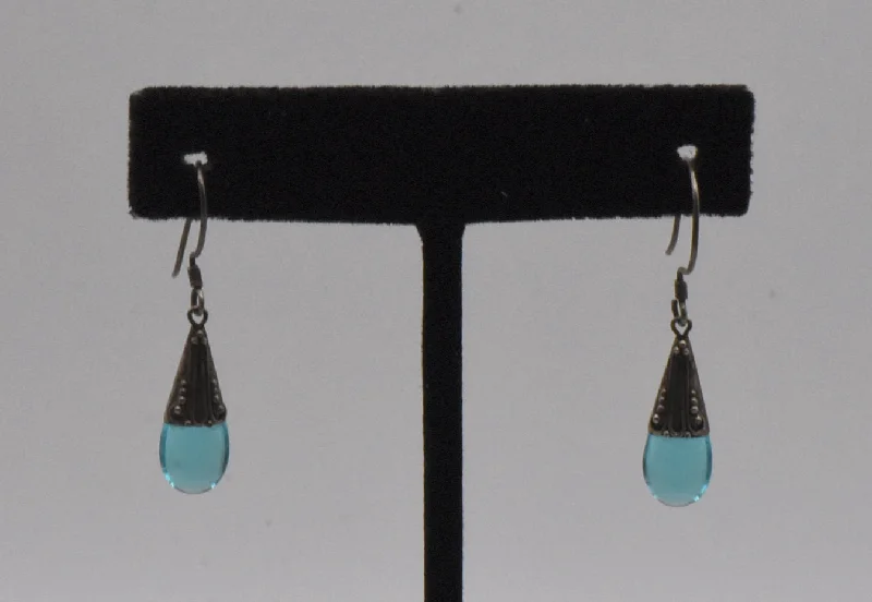 Long Drop Earrings for Women-Vintage Blue Glass Sterling Silver Dangle Earrings