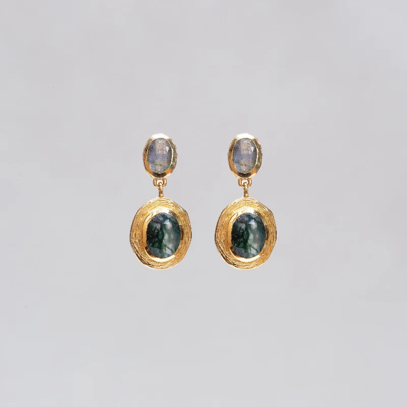 Fashionable Stud Earrings for Women-Gold Labradorite and Moss Agate Drop Stud Earrings