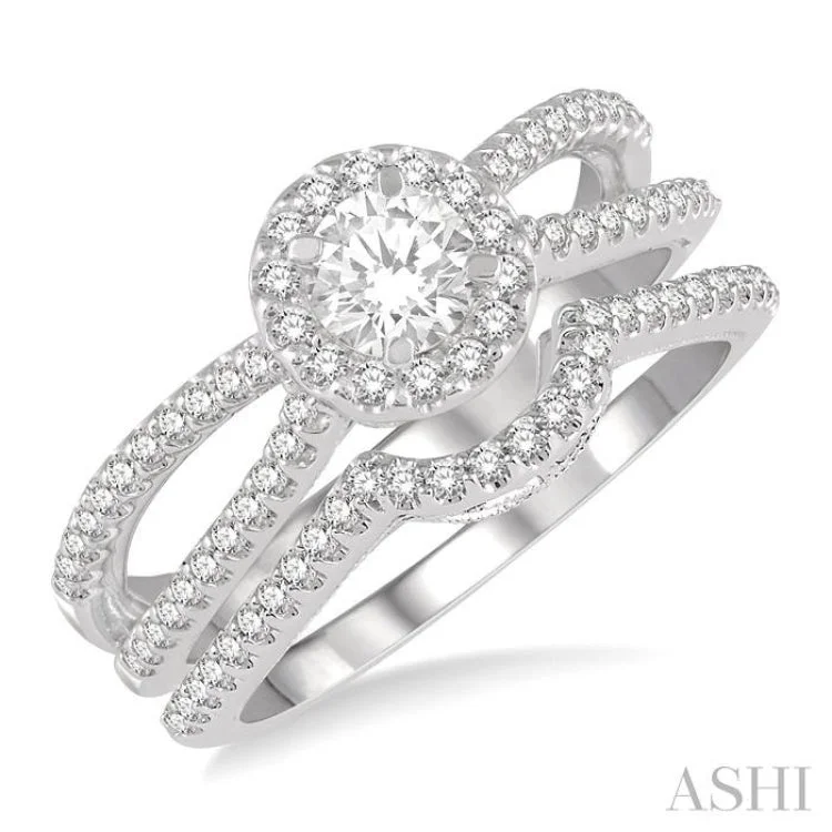 Unique Promise Ring for Her-3/4 Ctw Diamond Wedding Set With 5/8 Ctw Round Shape Floral Center Split Shank Engagement Ring and 1/6 Ctw Arched Wedding Band in 14K White Gold