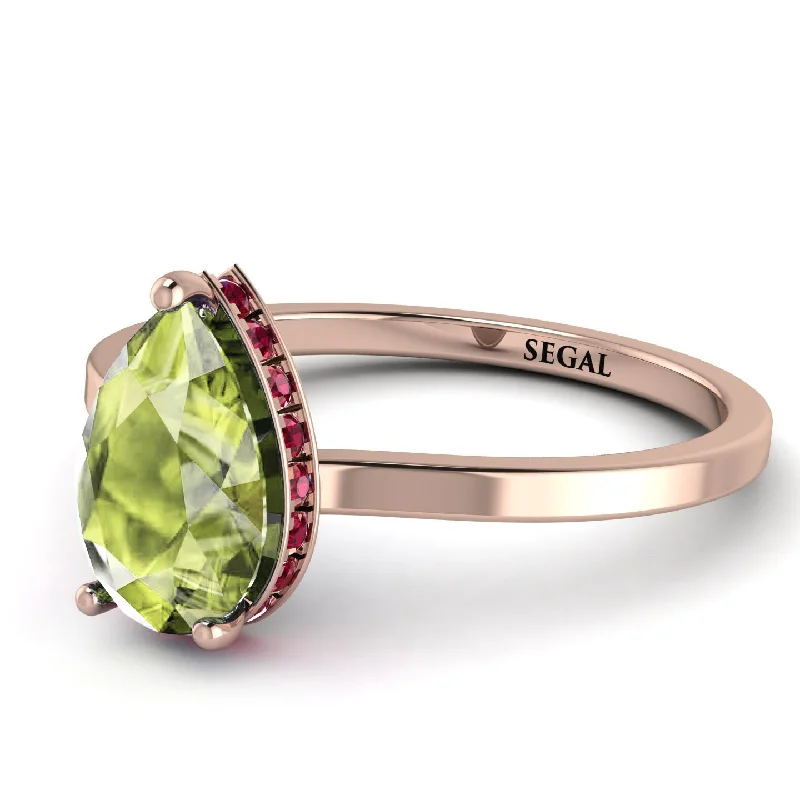 Luxury Ring with Gold and Diamonds-Hidden Halo Pear Peridot Engagement Ring - Mary No. 711