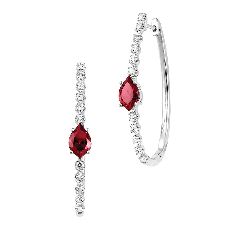 Custom Earrings for Fashion Forward Look-14K white gold hoop earrings featuring 8x5mm flame-cut Chatham lab grown rubies with Chatham lab grown diamond accents.