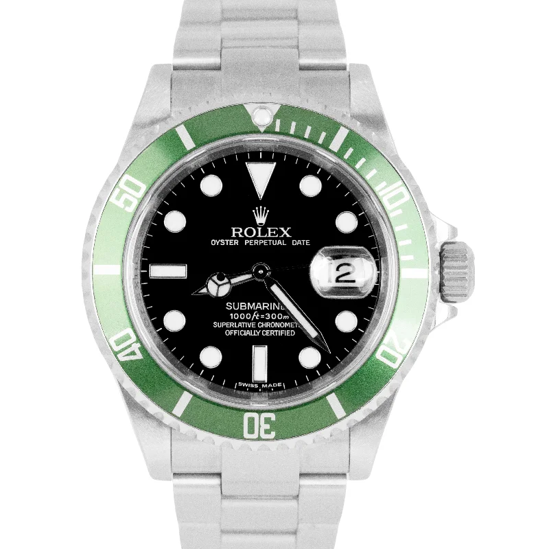 Unique Watches for Collectors-UNPOL. 2009 Rolex Submariner Date Green KERMIT Steel SEL REHAUT Watch 16610 BOX