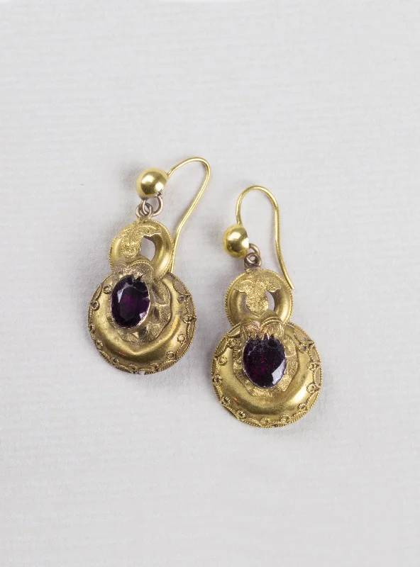 Beautiful Gem Earrings for Party-Vintage Gold Red Garnet Drop Earrings