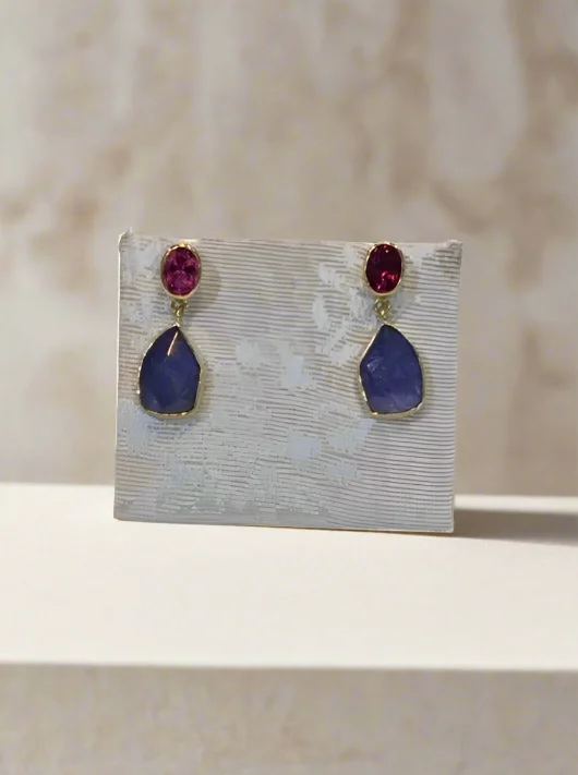 Statement Earrings for Weddings-Tanzanite funcy cut and pink tourmaline 18k earrings, one of a kind, Fine earrings, handmade earrings, Greek jewelry