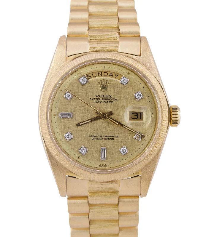 Stylish Women's Watches with Leather Strap-Rolex Day-Date President 36mm Champagne DIAMOND LINEN BARK 18K Yellow Gold 1807