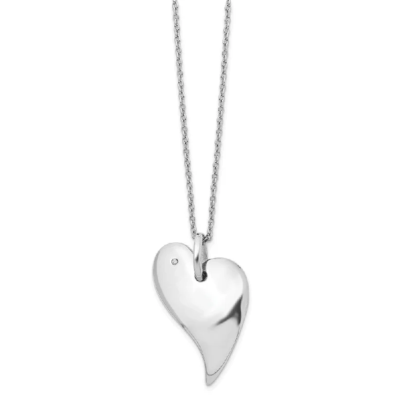 Black Necklace for Evening Events-Asymmetrical Diamond Heart Necklace, Rhodium Plated Silver, 18-20 Inch