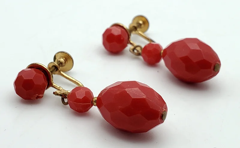 Sparkling Earrings for Evening Parties-Vintage Faceted Red Plastic Bead Dangle Screw Back Earrings