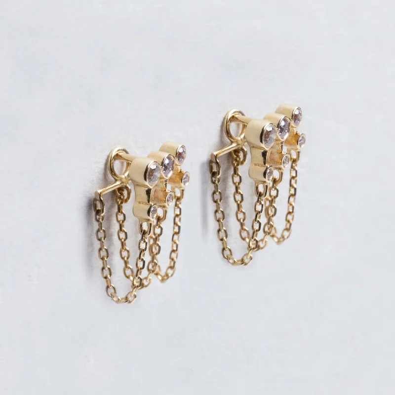 Classic Earrings for Women-Triple Chain Gold Earrings with Diamonds