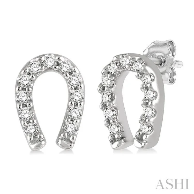 Bohemian Earrings for Fashion Lovers-1/10 Ctw Horseshoe Charm Round Cut Diamond Petite Earring in 10K White Gold