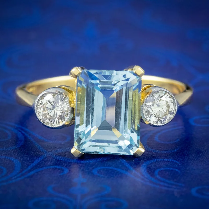 Personalized Name Ring-Art Deco Style Aquamarine Diamond Trilogy Ring 2.85ct Aqua