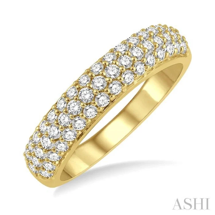 Gemstone Ring with Sapphire-1/2 Ctw Triple Row Pave Set Round Cut Diamond Band in 14K Yellow Gold