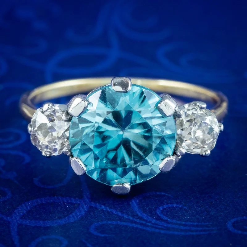 Custom Engagement Ring with Sapphire-Antique Edwardian Blue Zircon Diamond Trilogy Ring 3ct Zircon