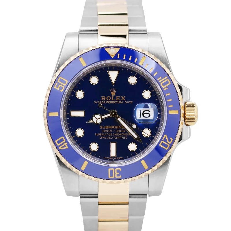 Sports Watches with Step Tracking-MINT Rolex Submariner Date BLUE Two-Tone 18K Yellow Gold Stainless 116613 LB