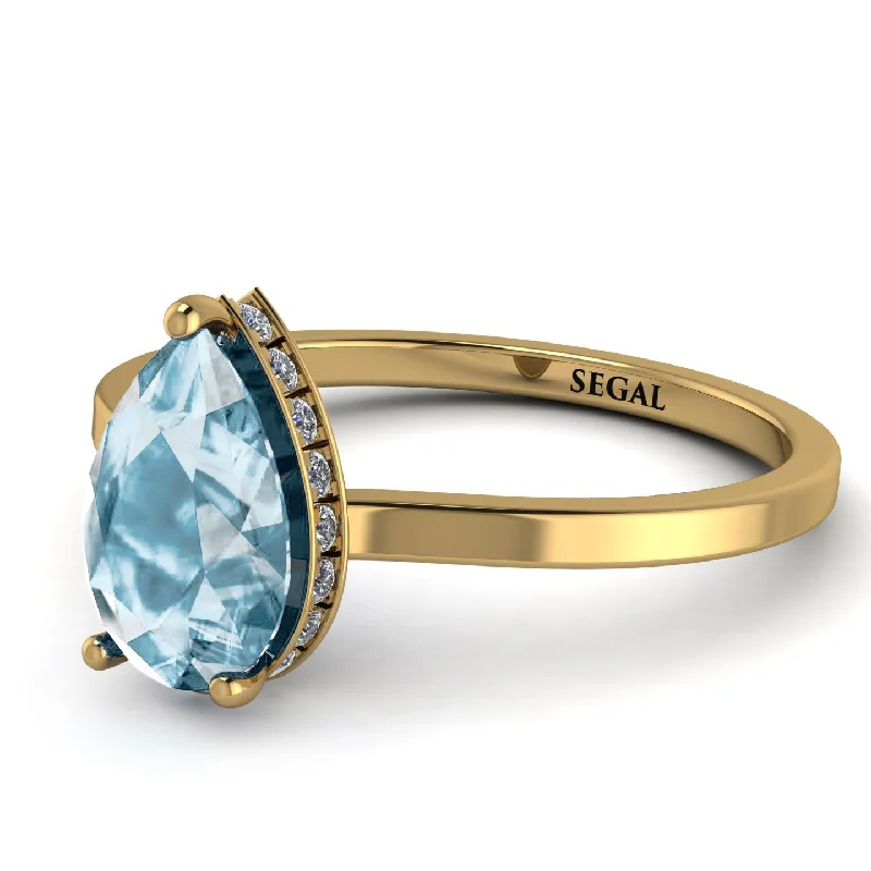 Matching Wedding Rings for Couples-Hidden Halo Pear Aquamarine Engagement Ring - Mary No. 401