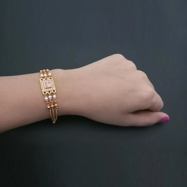 Handcrafted Gold Bangles for Traditional Wear-Umiyaji Gold Plated Pink Austrian Stone Bracelet