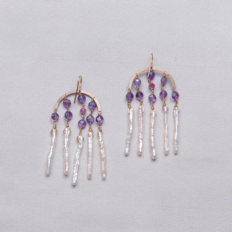 Rose Gold Earrings-Amethyst and Pink Sapphire Drop Earrings with Stick Pearls