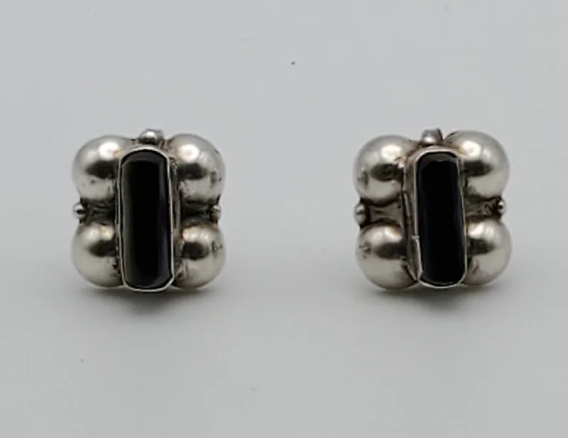 Sterling Silver Earrings-Vintage Handmade Sterling Silver Black Onyx Screw Back Earrings