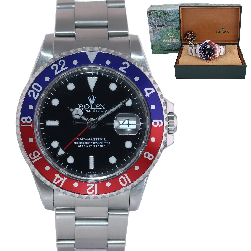 Elegant Women's Watches for Wedding Day-SWISS ONLY 1999 Rolex GMT-Master II Pepsi Blue Red Steel 16710 40mm Watch Box