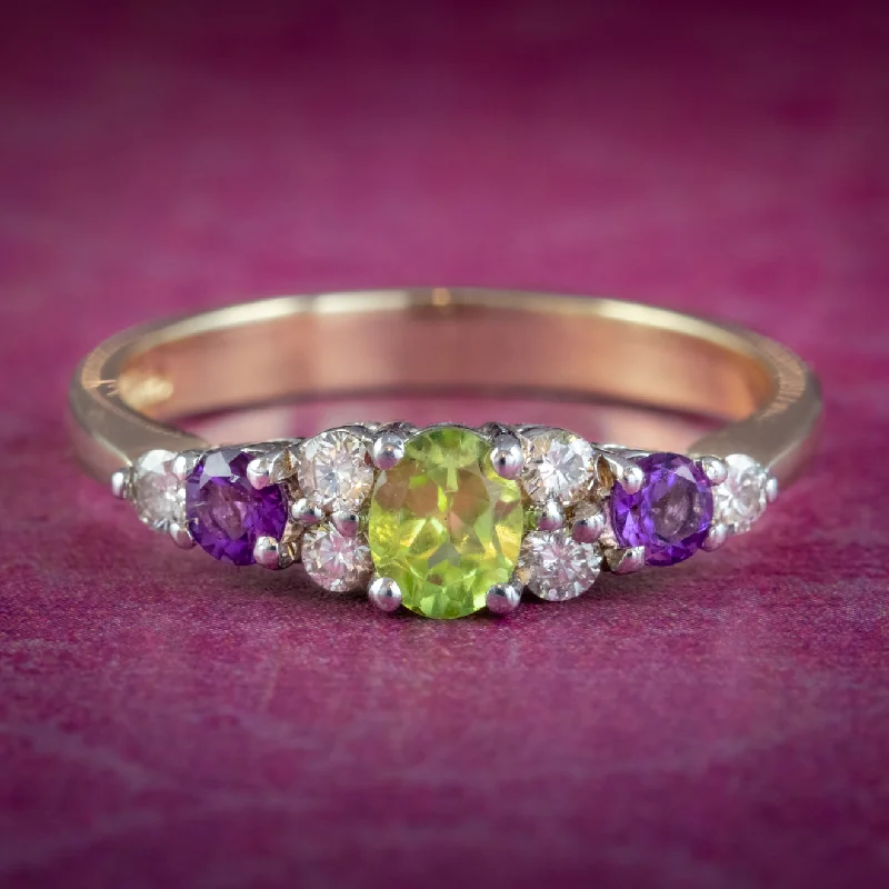 Stylish Wedding Band for Women-Edwardian Suffragette Style Ring Peridot Amethyst Diamond 9ct Gold