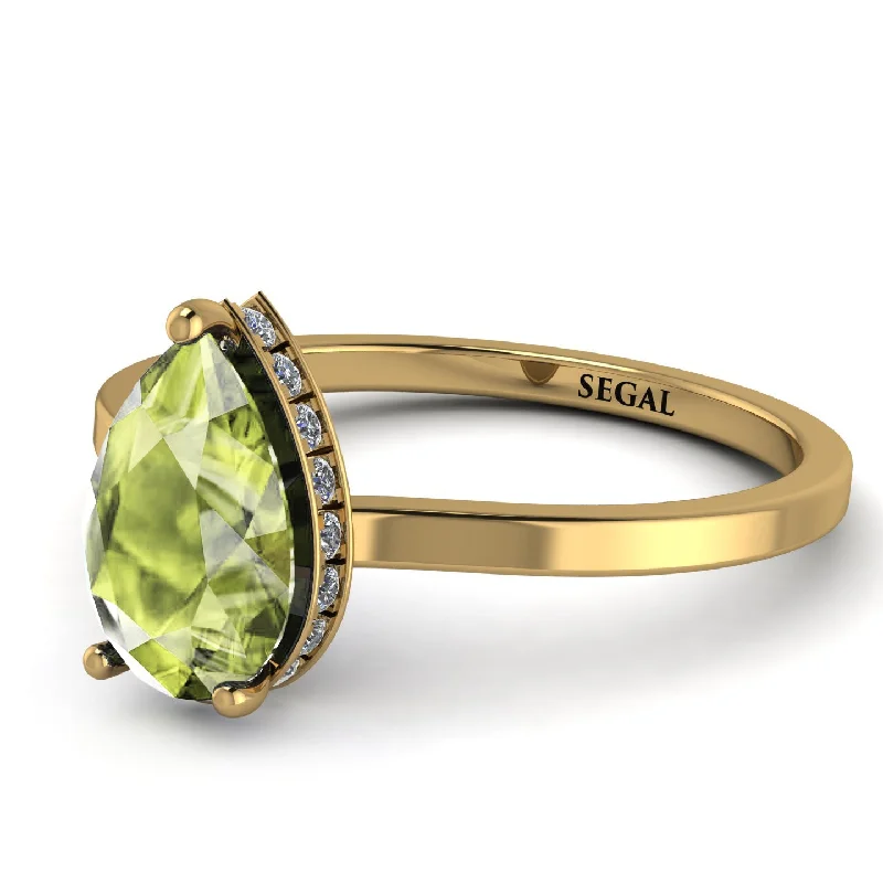 Classic Wedding Band with Sapphire-Hidden Halo Pear Peridot Engagement Ring - Mary No. 701