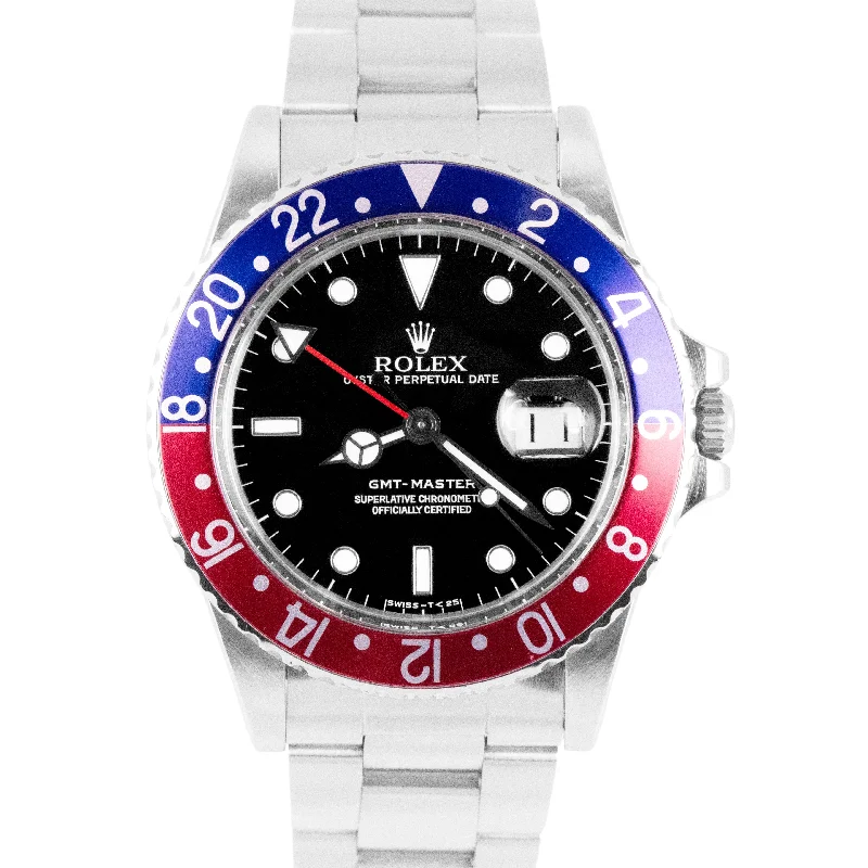 Fashion Watches with Oversized Faces-VINTAGE 1986 PAPERS RSC Rolex GMT-Master Pepsi Red Blue Oyster Steel 16750 B+P