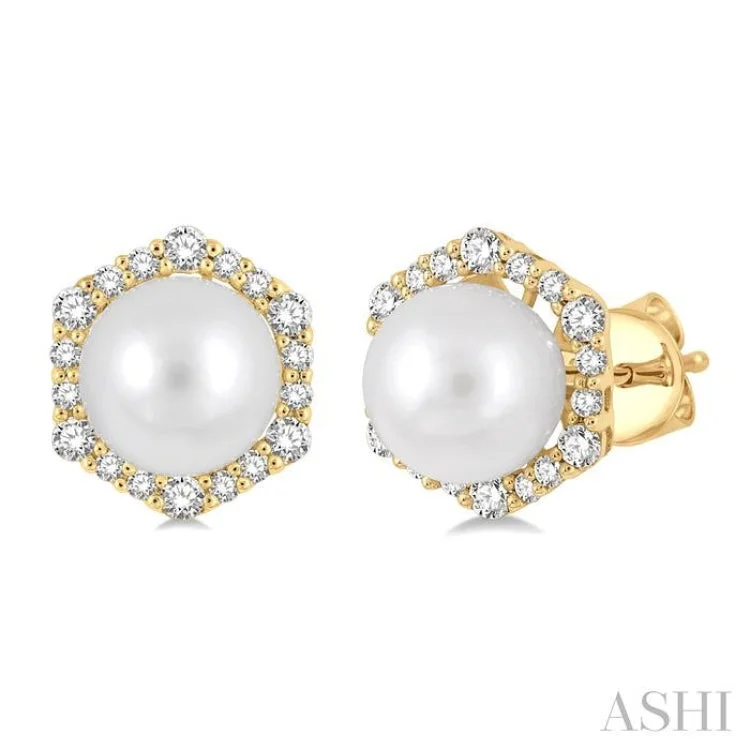 Trendy Earrings for Young Adults-7X7MM Cultured Pearls and 1/3 Ctw Hexagon Shape Round Cut Diamond Earrings in 14K Yellow Gold