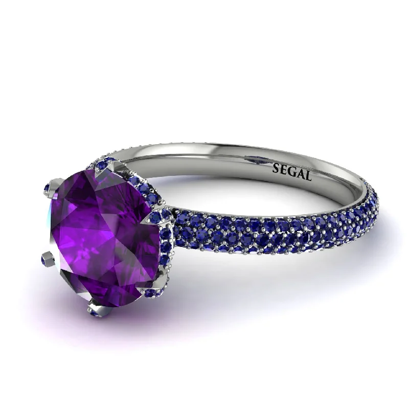 Unique Promise Ring for Couples-Hidden Halo Round Amethyst Engagement Ring - Ashley No. 315