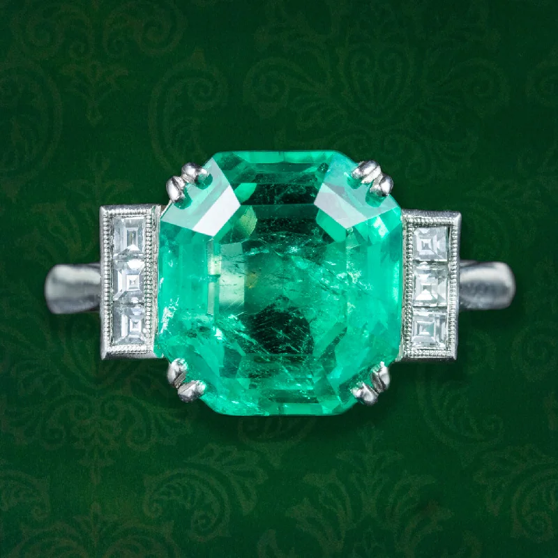 Elegant Diamond Engagement Ring-Art Deco Style Emerald Diamond Ring 6.19ct Colombian Emerald With Cert