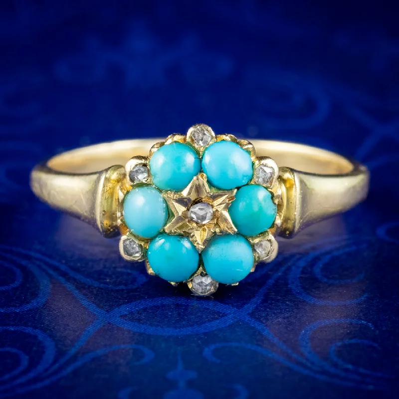 Designer Wedding Band for Women-Antique Victorian Turquoise Diamond Flower Ring Dated 1871