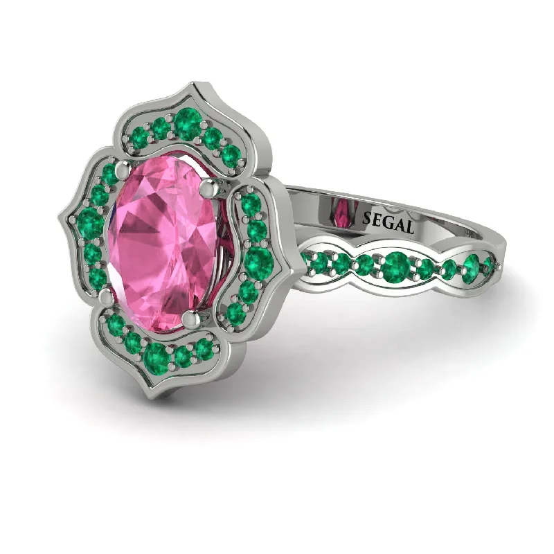 Elegant Gemstone Ring for Special Events-Decorated Halo Oval Pink Moissanite Engagement Ring - Faith No. 806