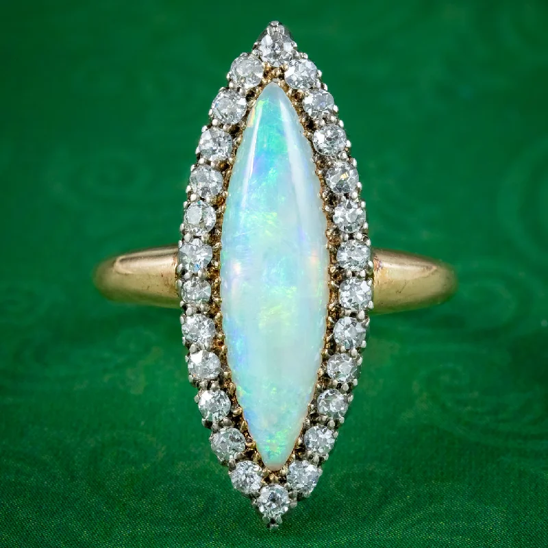 Gold Wedding Ring Set for Women-Antique Victorian Opal Diamond Navette Cluster Ring 2.3ct Opal