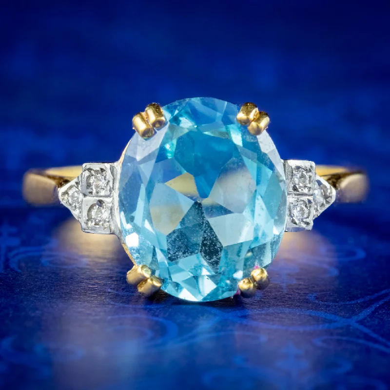 Handmade Gold Ring for Gifts-Art Deco Style Blue Topaz Cz Cocktail Ring 5.2ct Topaz