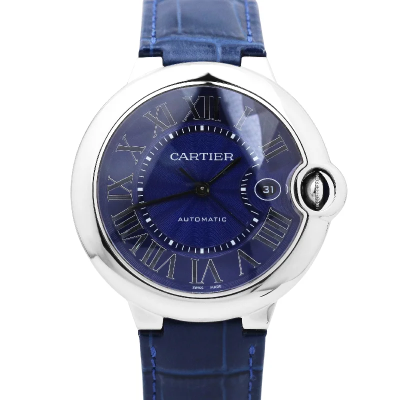 Women's Watches with Gemstone Details for Luxury-PAPERS Cartier Ballon Bleu Steel BLUE GUILLOCHE Leather 42mm 3765 WSBB0027 B+P