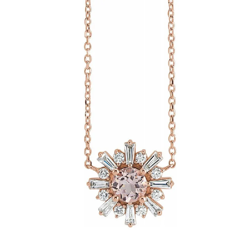 Gold Pendant Necklace for Stylish Women-14K Rose Gold Morganite & 3/8 CTW Diamond Starburst Necklace, 18 Inch