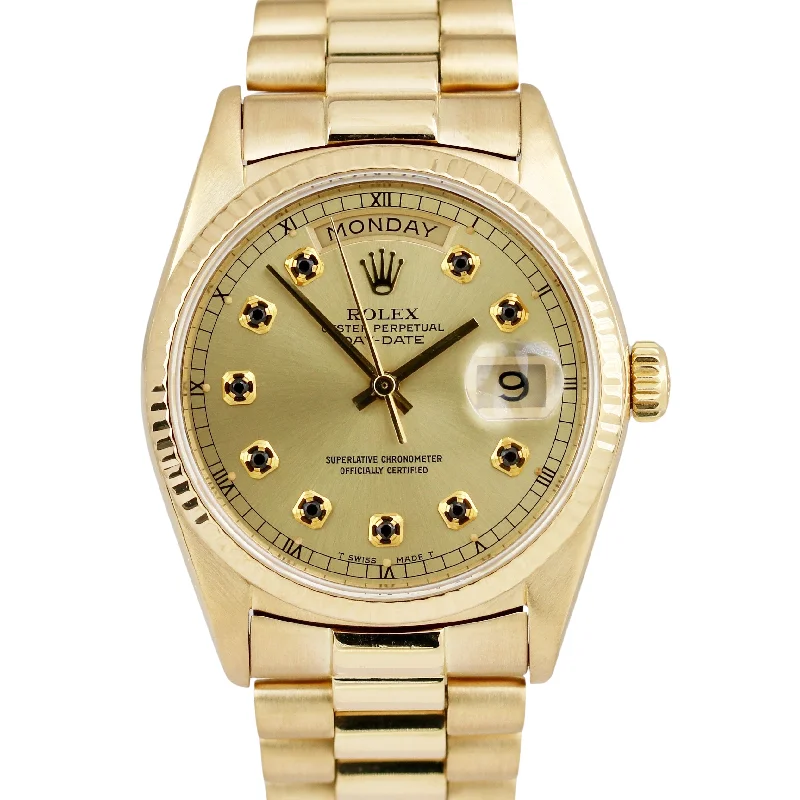 Personalized Watches for Couples-Rolex Day-Date President ONYX CHAMPAGNE 36mm Fluted 18K Yellow Gold 18038 Watch